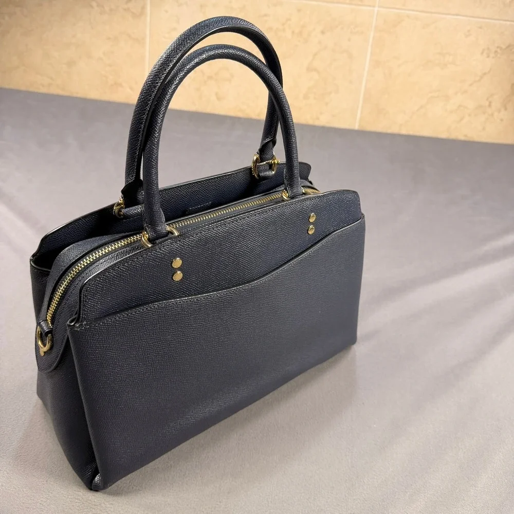 Coach Lillie Carryall Satchel Crossgrain Leather Dark Navy Gold Hardware 91493
